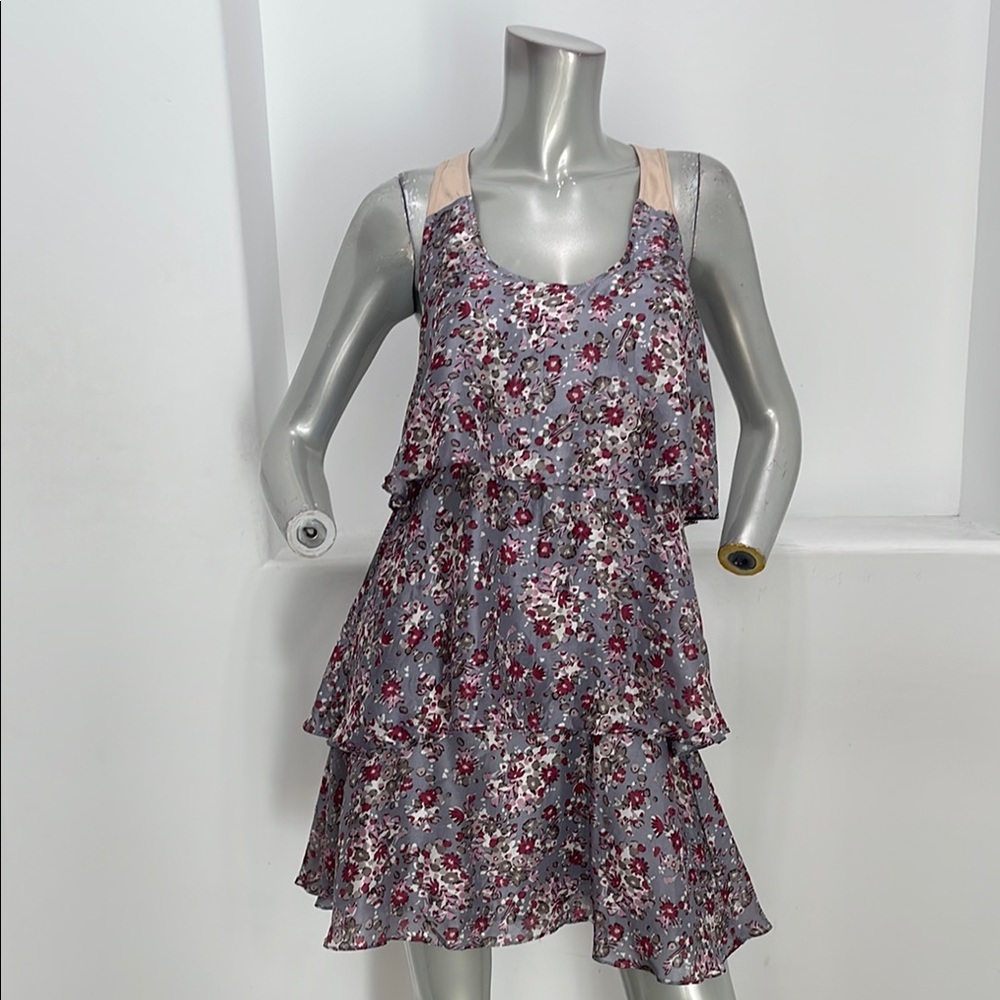 Floral Tiered Sleeveless Dress in Mauve Pink 100% Silk Purple Body Policy Size M